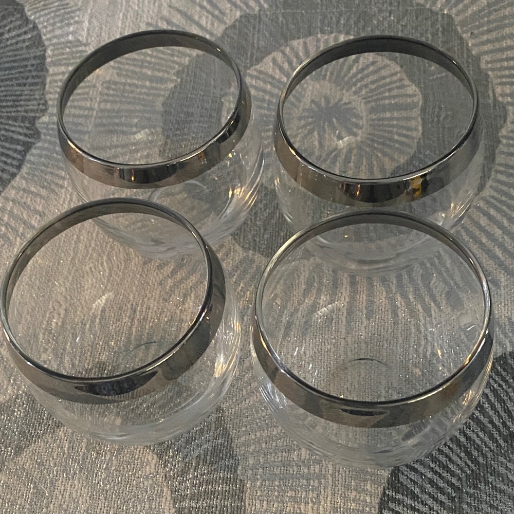 Vintage barware silver rimmed roly-poly clear glasses silver rims set four